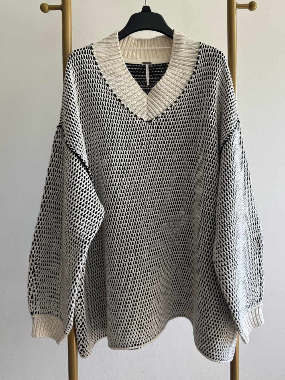 Free People Two-Tone Cream and Black V-Neck Oversized Knit Sweater